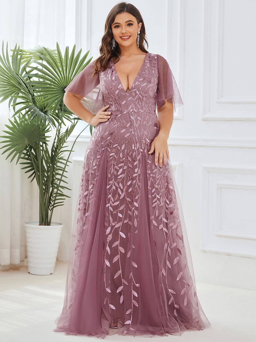 Plus Size Romantic Shimmery V Neck Ruffle Sleeves Evening Gown