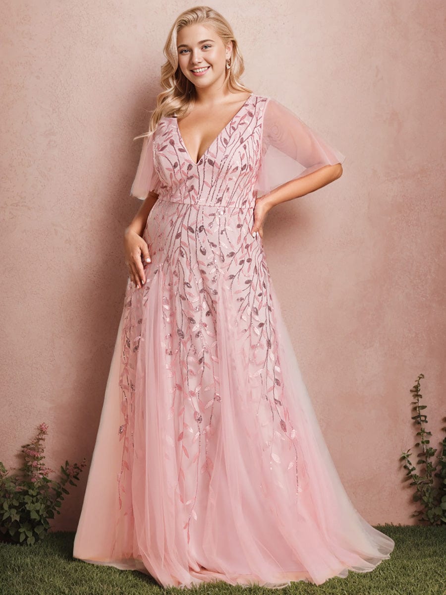 Plus Size Romantic Shimmery V Neck Ruffle Sleeves Evening Gown