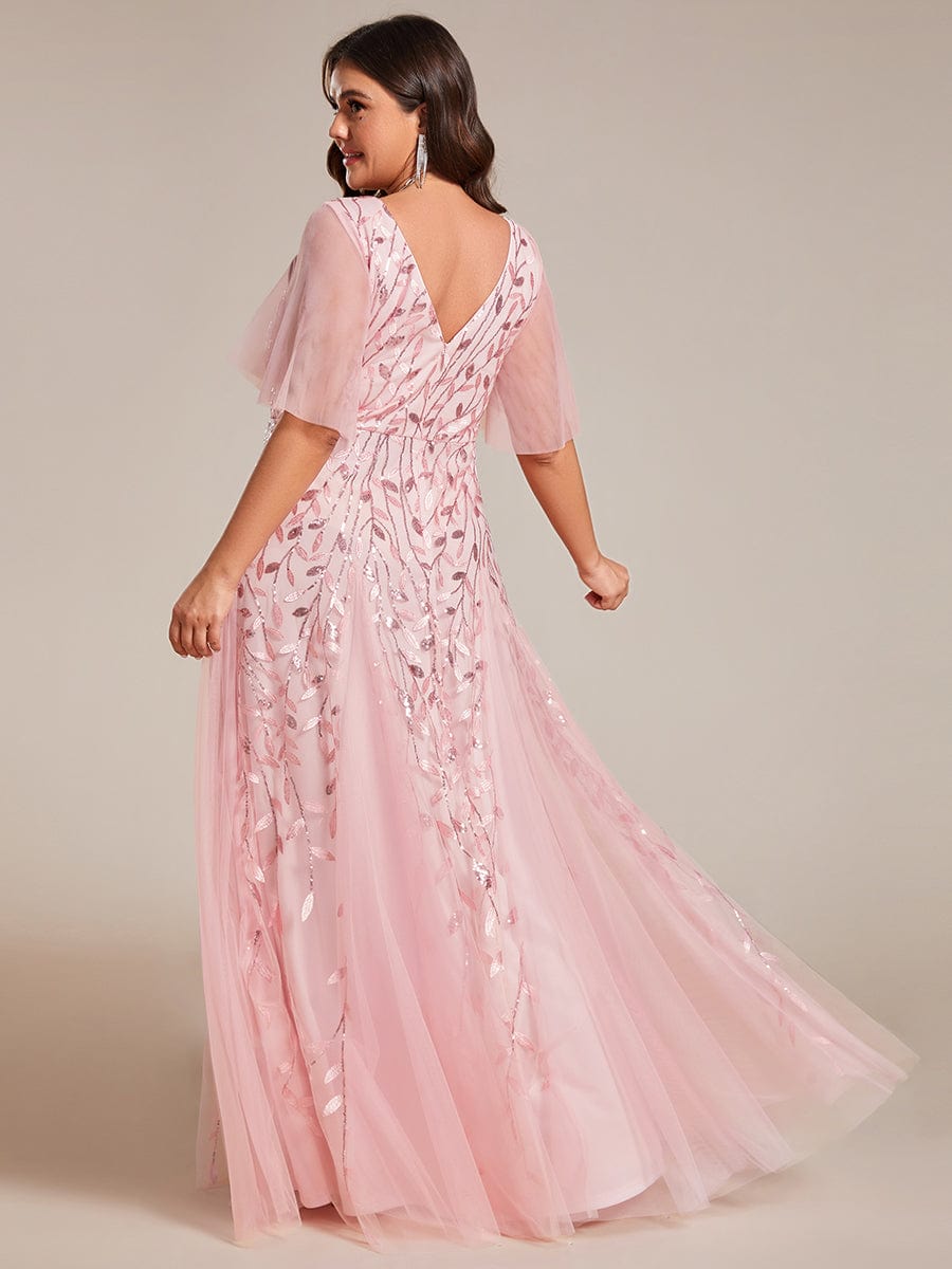 Plus Size Romantic Shimmery V Neck Ruffle Sleeves Evening Gown