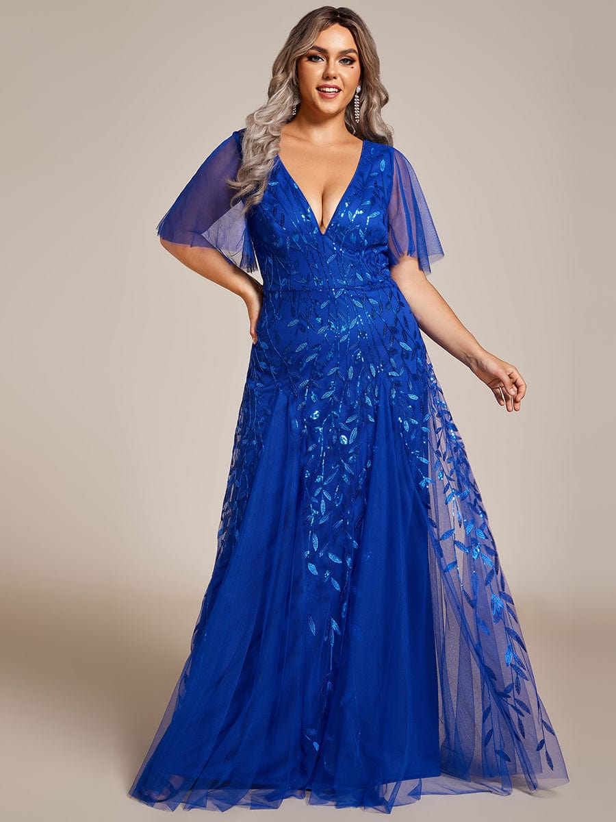 Plus Size Romantic Shimmery V Neck Ruffle Sleeves Evening Gown