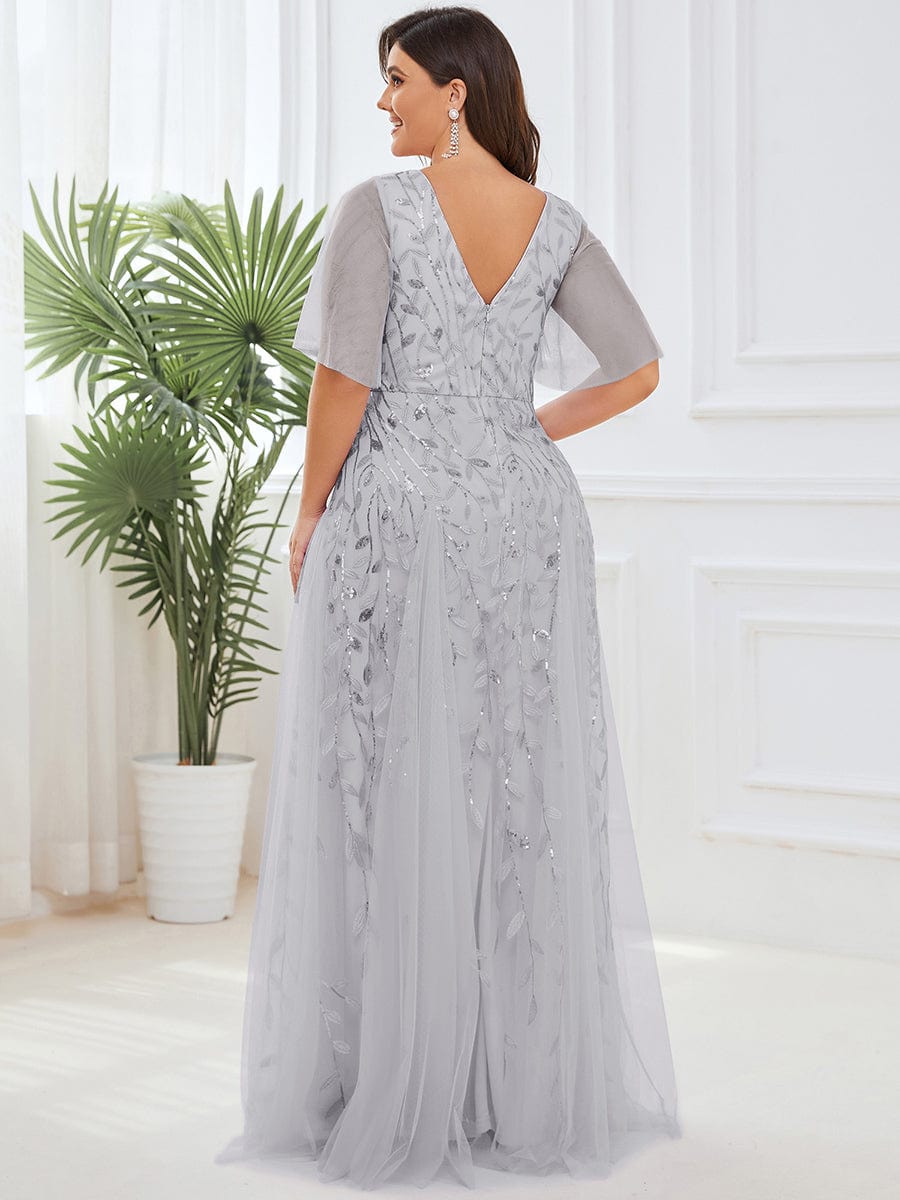 Plus Size Romantic Shimmery V Neck Ruffle Sleeves Evening Gown