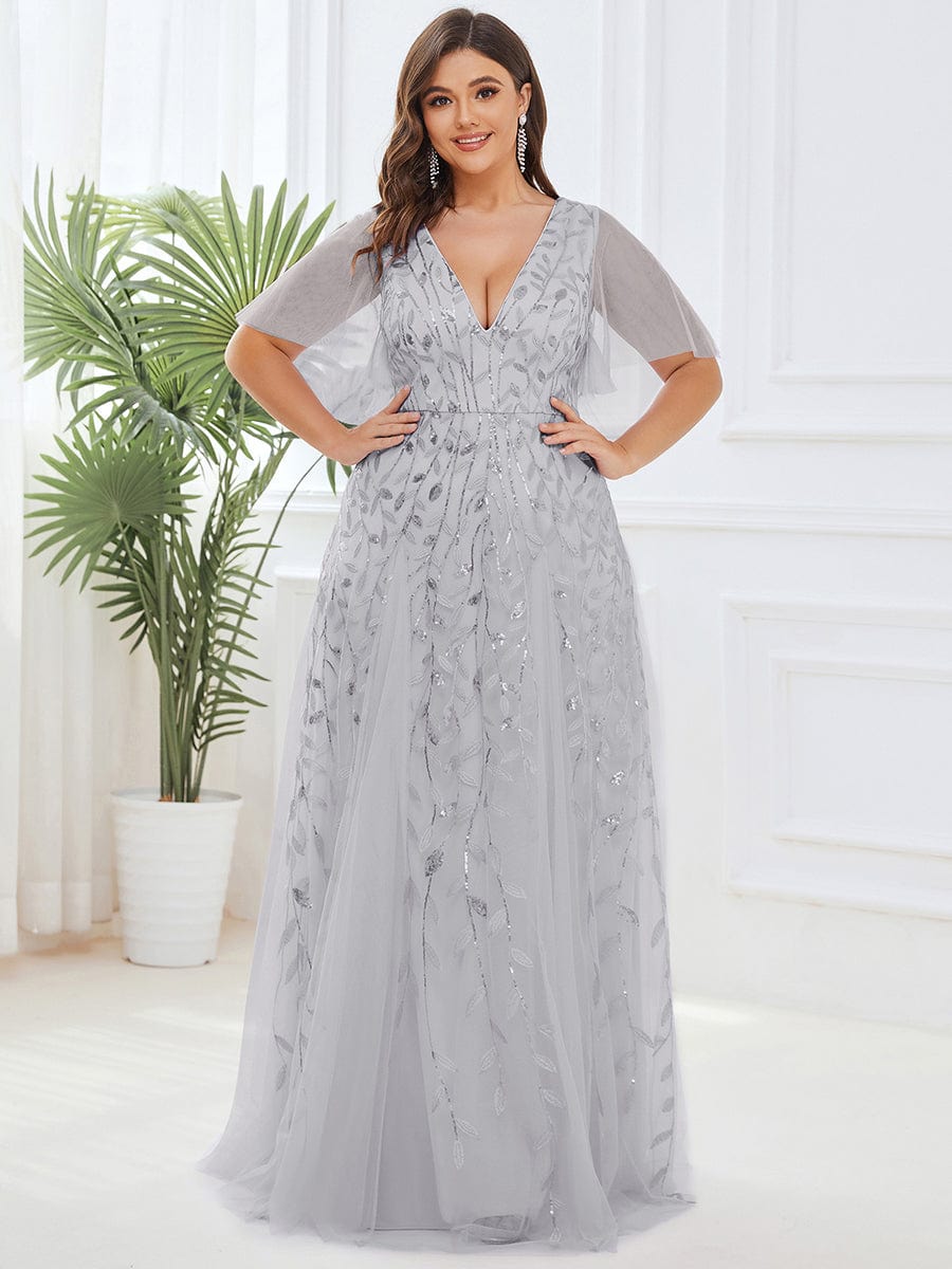 Plus Size Romantic Shimmery V Neck Ruffle Sleeves Evening Gown