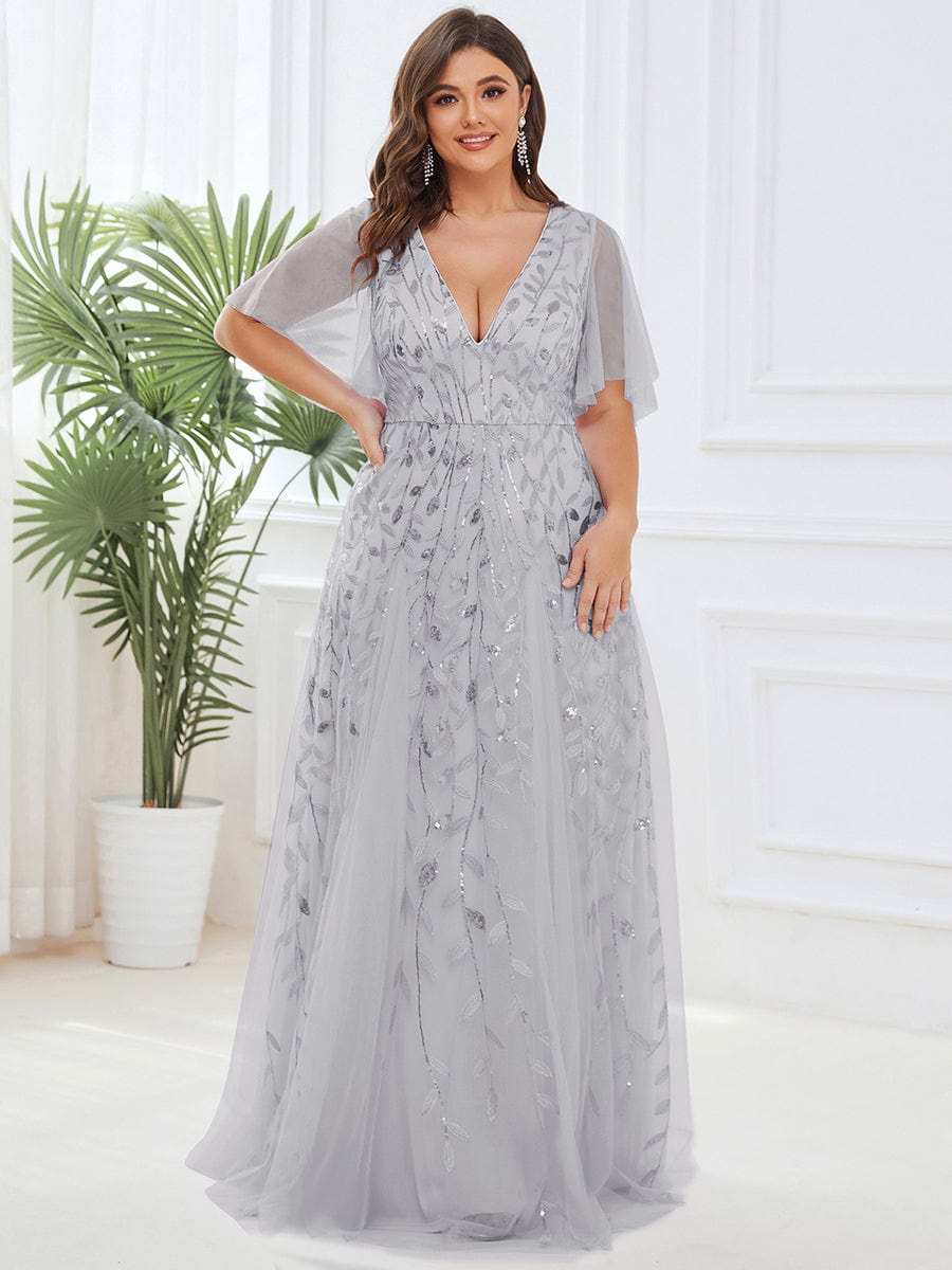 Plus Size Romantic Shimmery V Neck Ruffle Sleeves Evening Gown