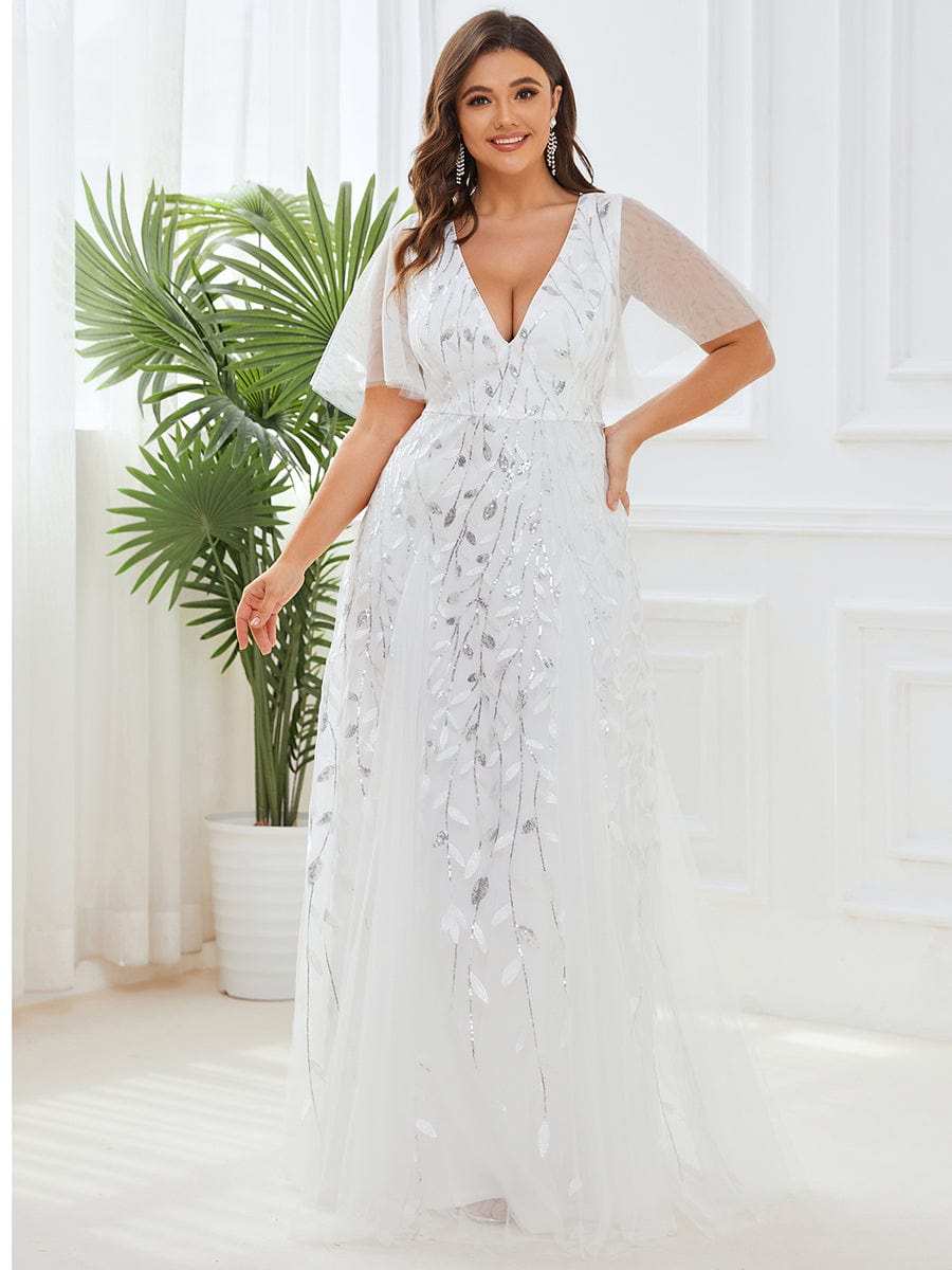 Plus Size Romantic Shimmery V Neck Ruffle Sleeves Evening Gown