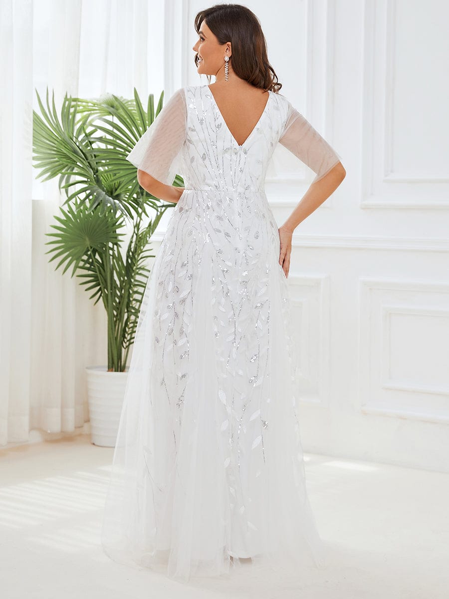 Plus Size Romantic Shimmery V Neck Ruffle Sleeves Evening Gown