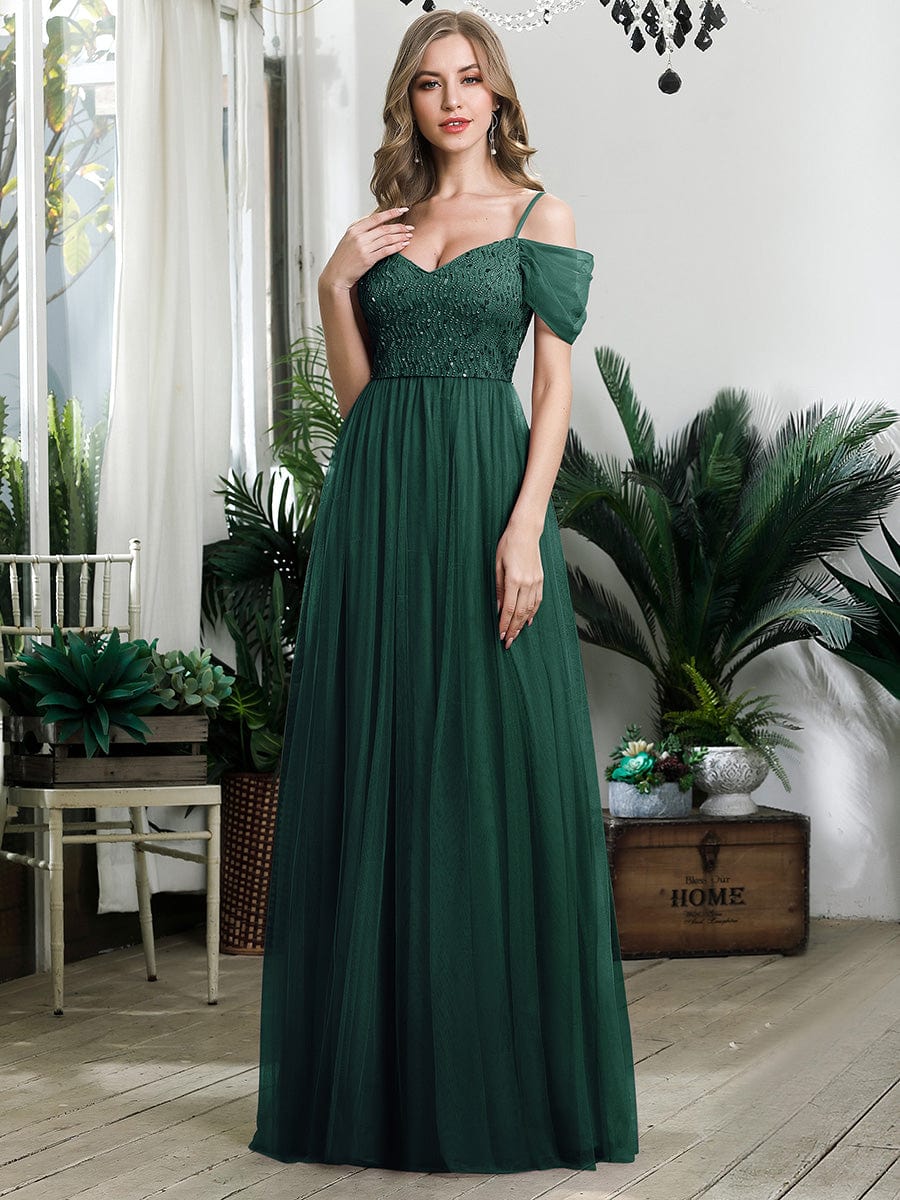 A-Line Sweetheart Neckline Ruffle Sleeve Tulle Bridesmaid Dress With Sequin