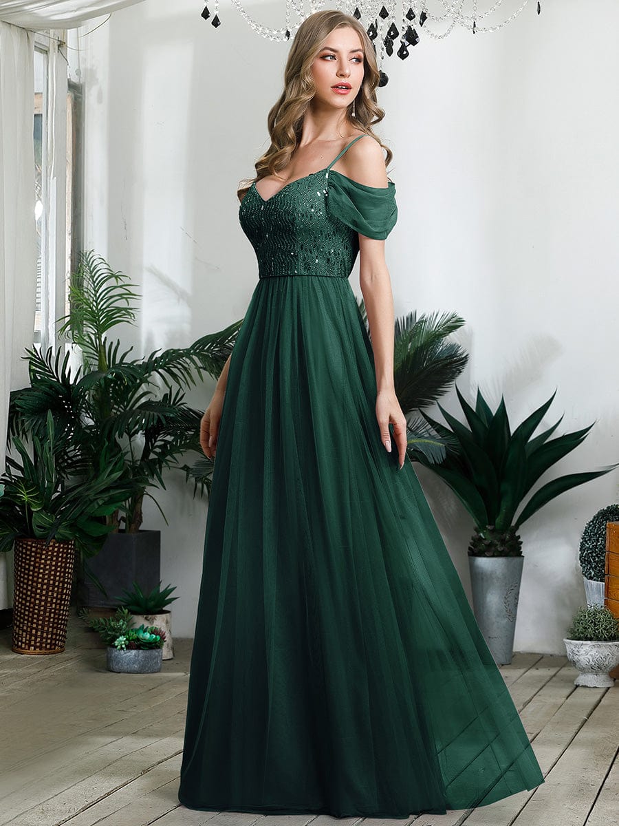 Custom Size Sequin Bodice Cold Shoulder Floor Length Tulle Bridesmaid Dress