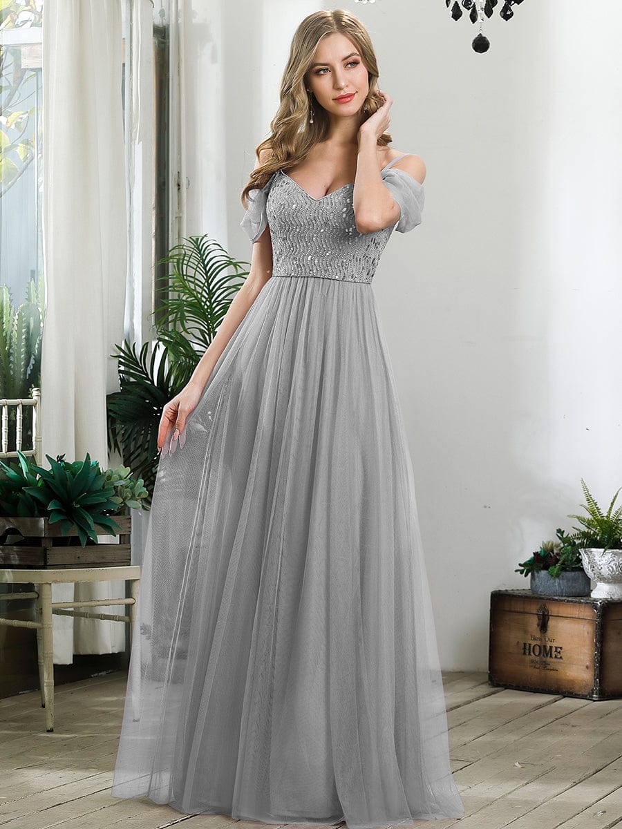 A-Line Sweetheart Neckline Ruffle Sleeve Tulle Bridesmaid Dress With Sequin