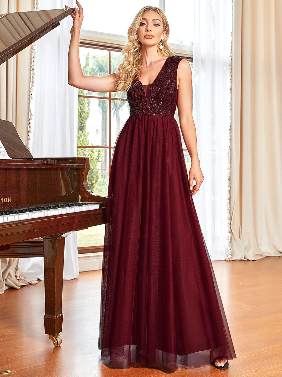 Sleeveless Sequin V-Neck Pleated Long Evening Dress