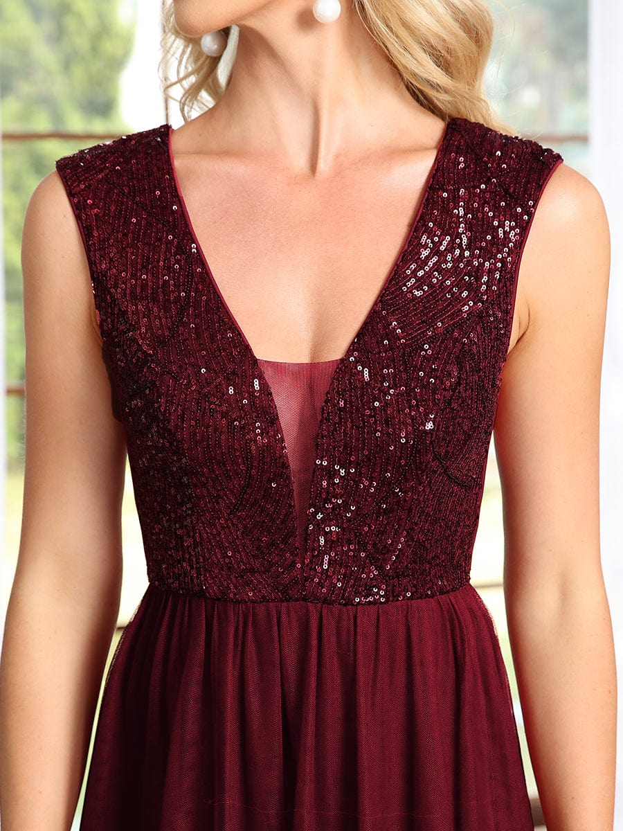 Sleeveless Sequin V-Neck Pleated Long Evening Dress