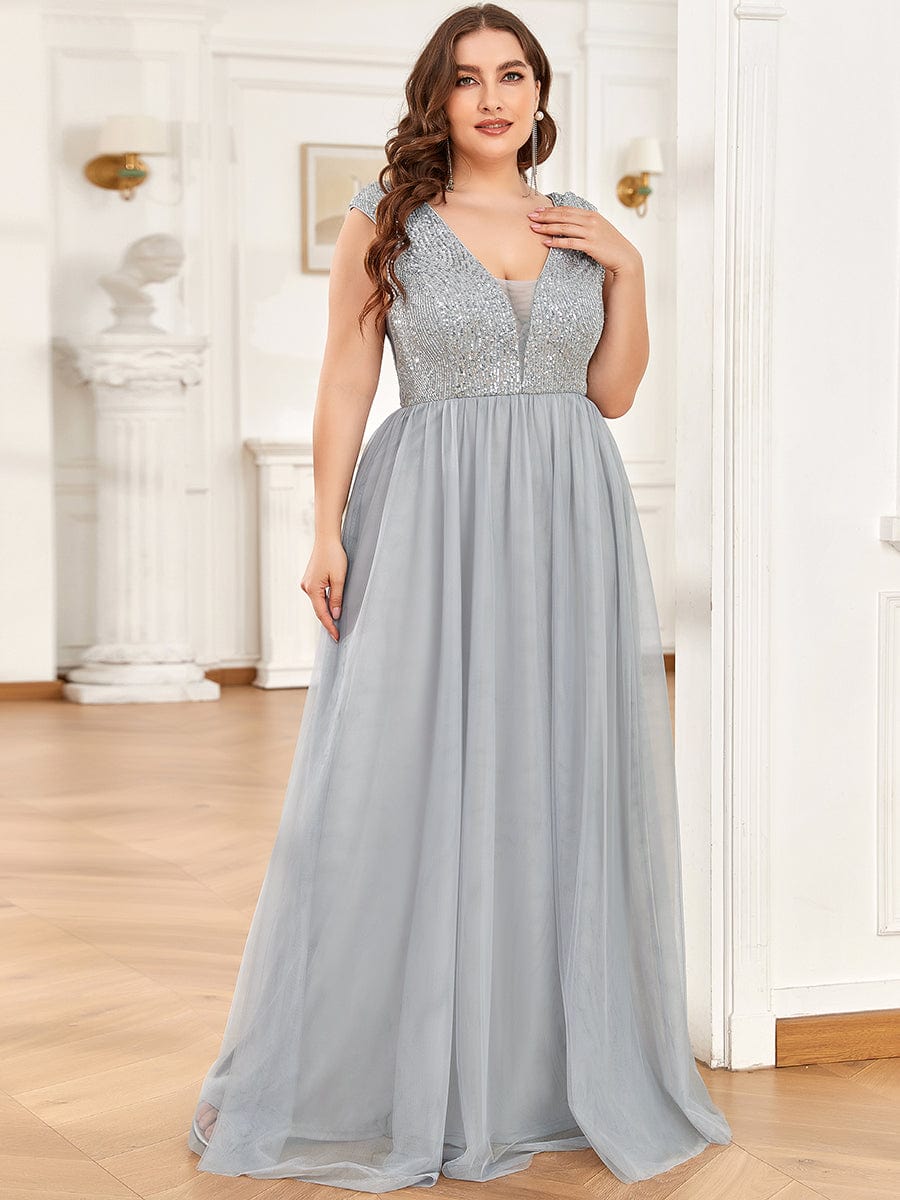 Sleeveless Sequin V-Neck Pleated Long Evening Dress