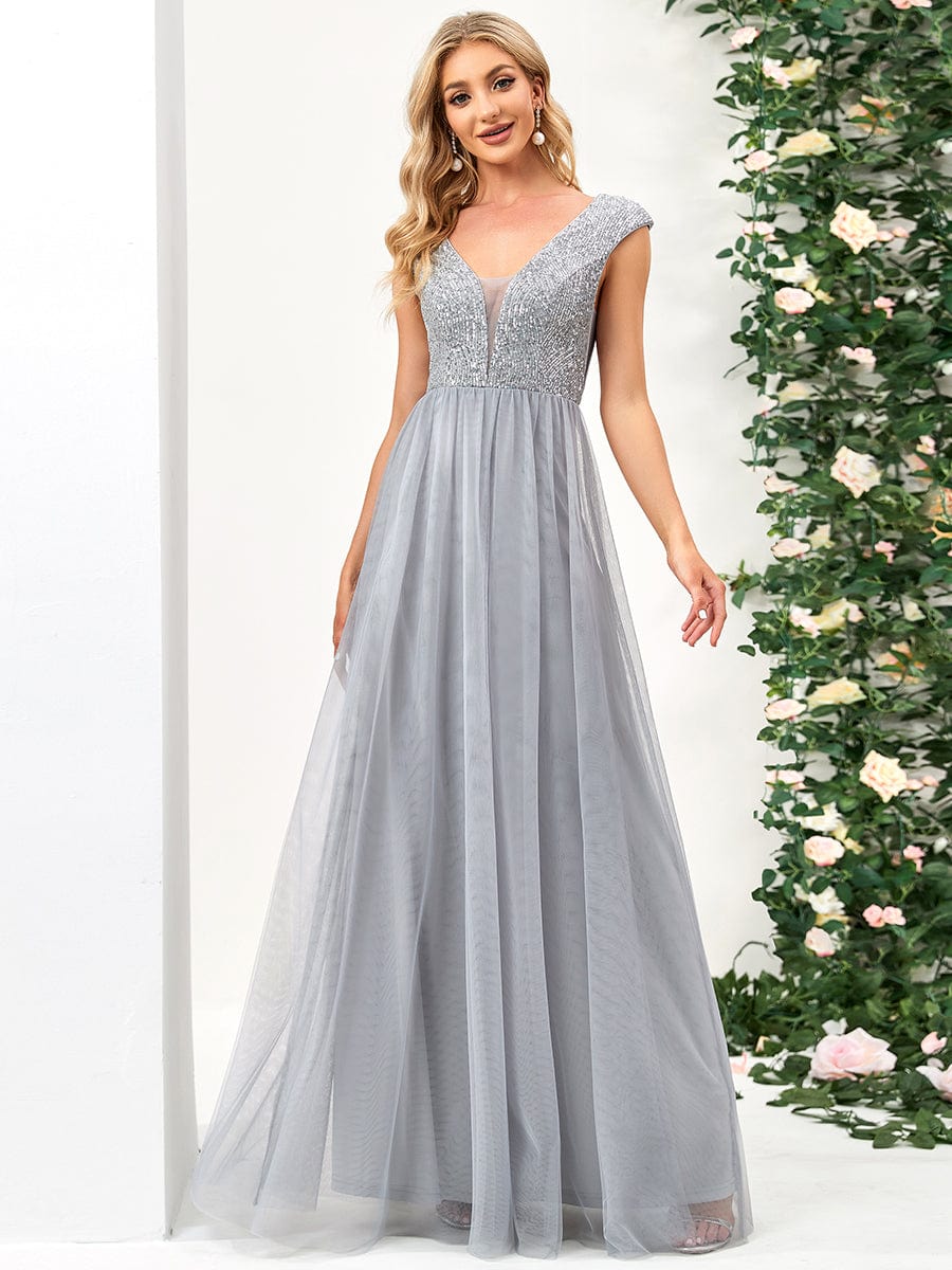 Sleeveless Sequin V-Neck Pleated Long Evening Dress