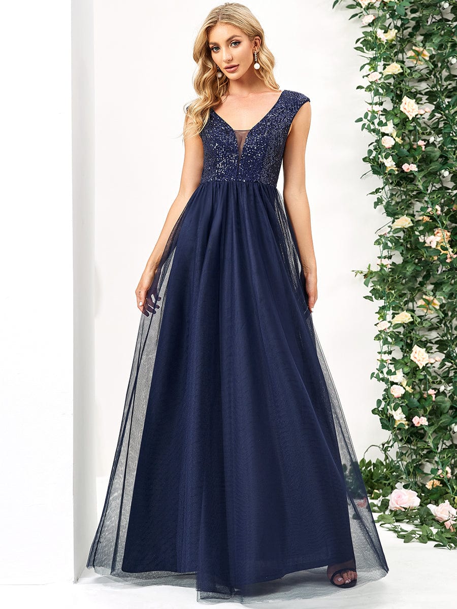 Sleeveless Sequin V-Neck Pleated Long Evening Dress