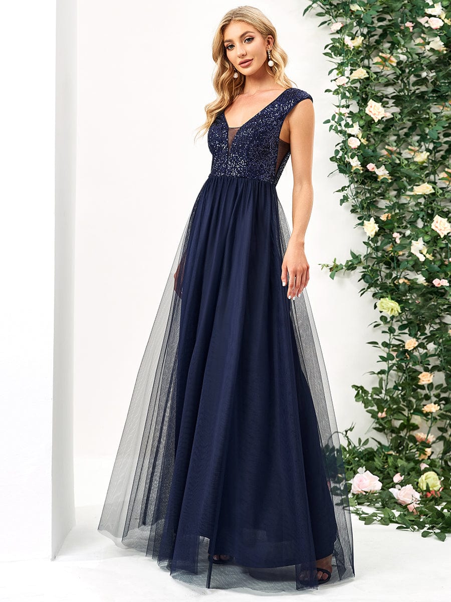 Sleeveless Sequin V-Neck Pleated Long Evening Dress