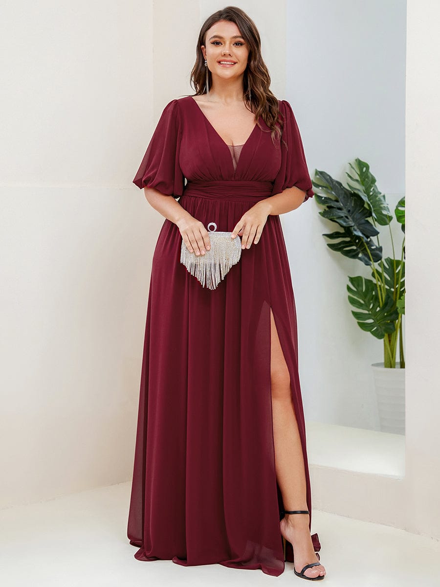 Plus Size Short Sleeve V-Neck Front Slit Chiffon Evening Dress