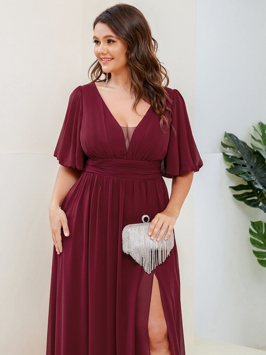 Plus Size Short Sleeve V-Neck Front Slit Chiffon Evening Dress