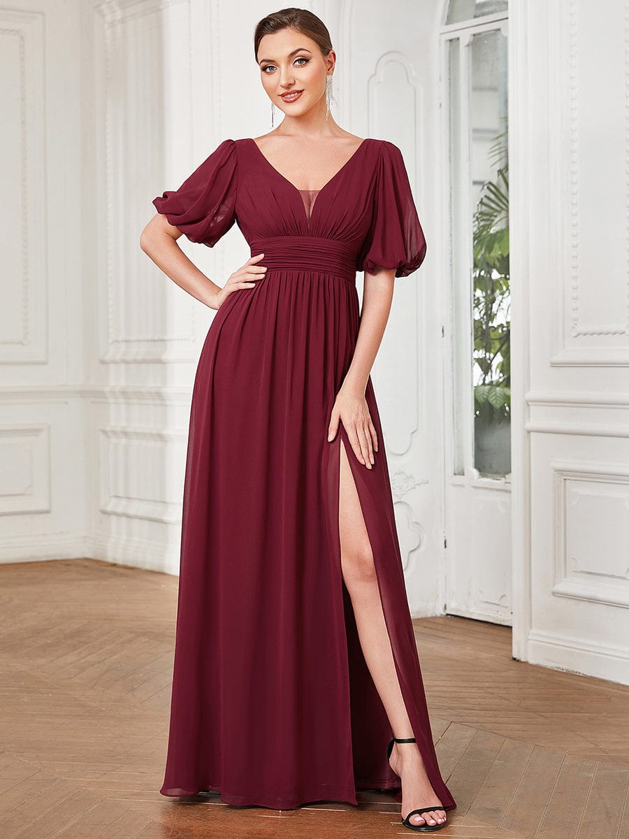 Custom Size Short Sleeve V-Neck Front Slit Chiffon Evening Dress