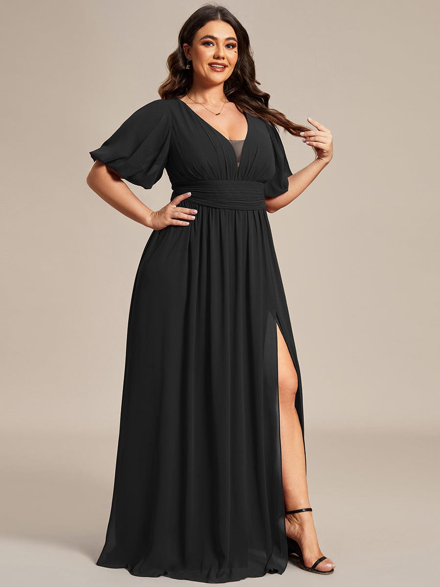 Short Sleeve V-Neck Front Slit Chiffon Evening Dress