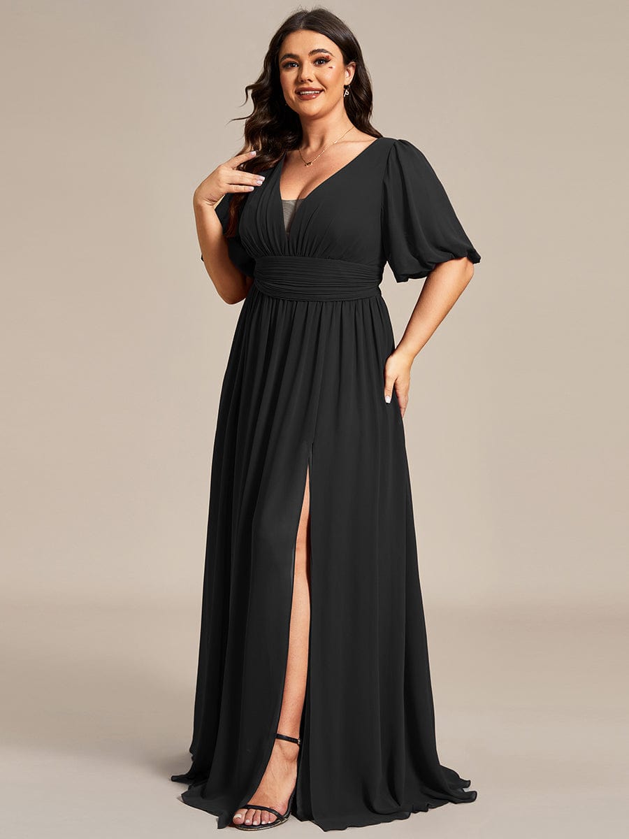 Plus Size Short Sleeve V-Neck Front Slit Chiffon Evening Dress