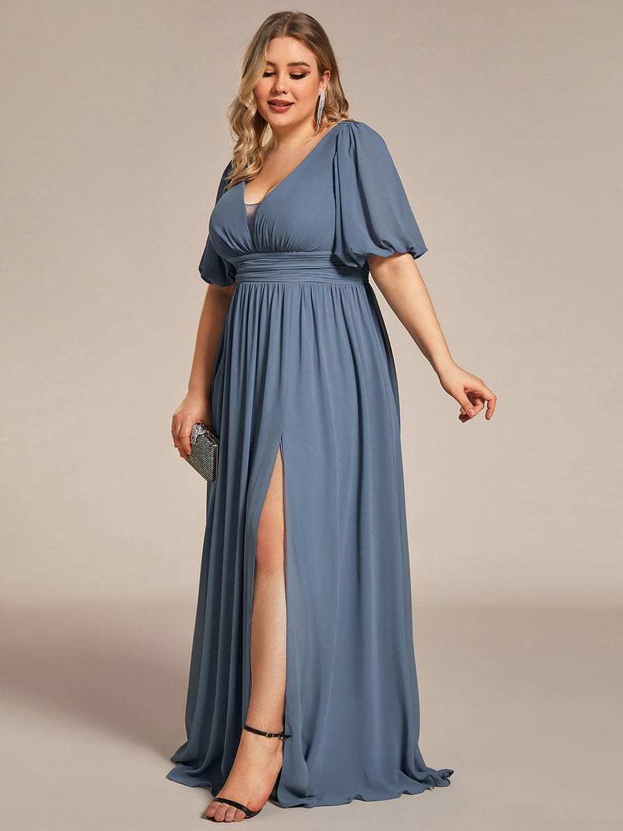 Plus Size Short Sleeve V-Neck Front Slit Chiffon Evening Dress