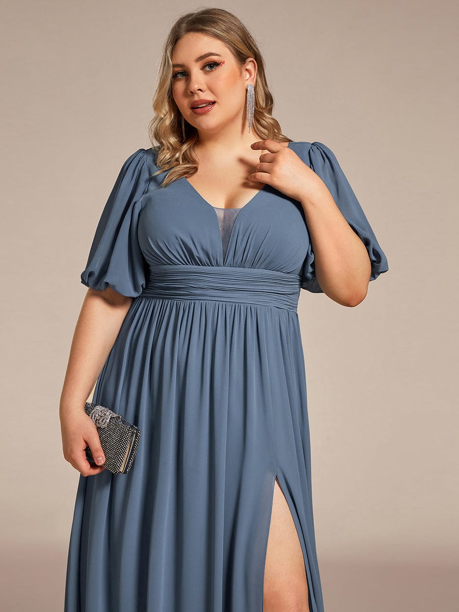 Plus Size Short Sleeve V-Neck Front Slit Chiffon Evening Dress