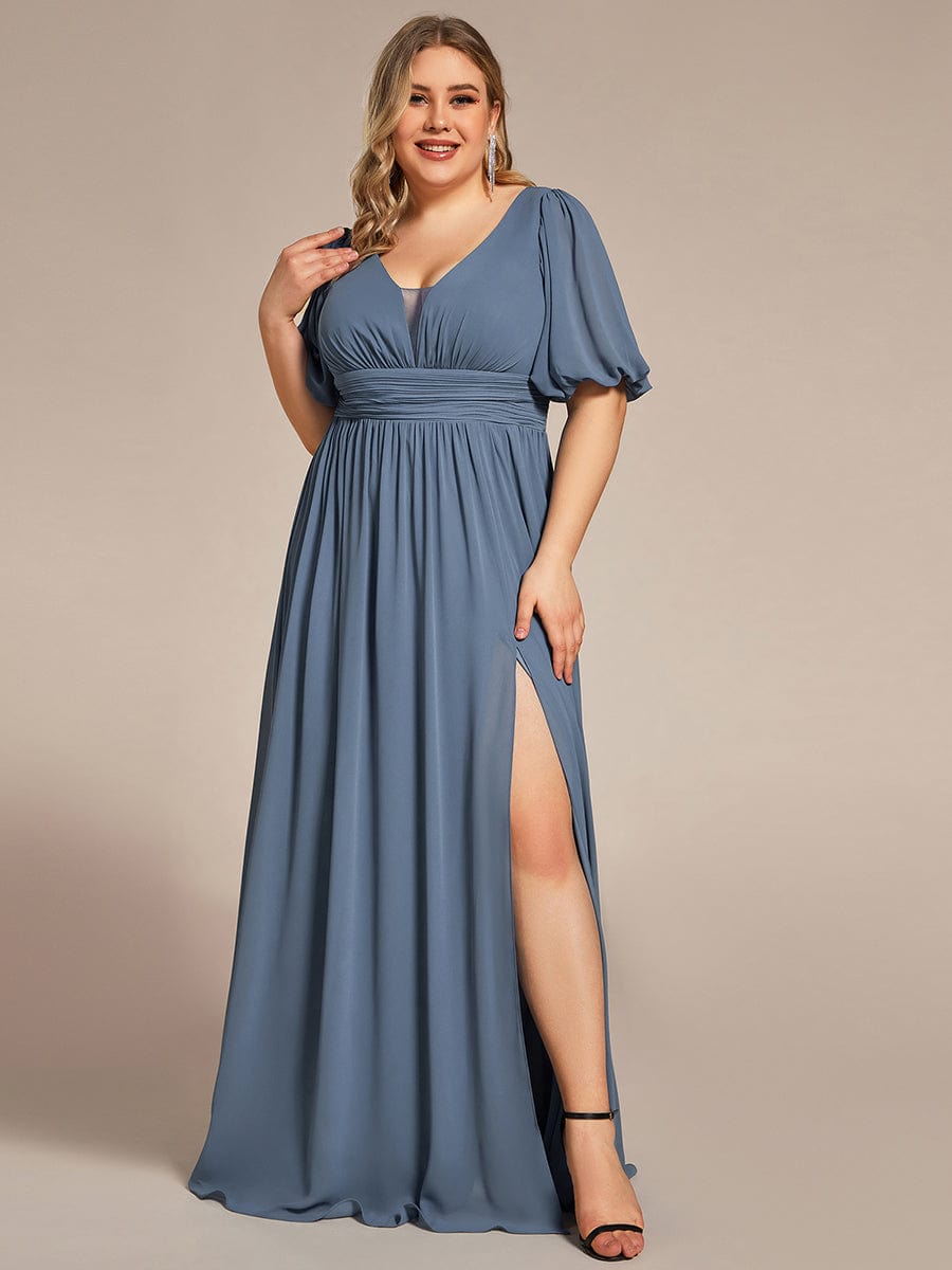 Plus Size Short Sleeve V-Neck Front Slit Chiffon Evening Dress