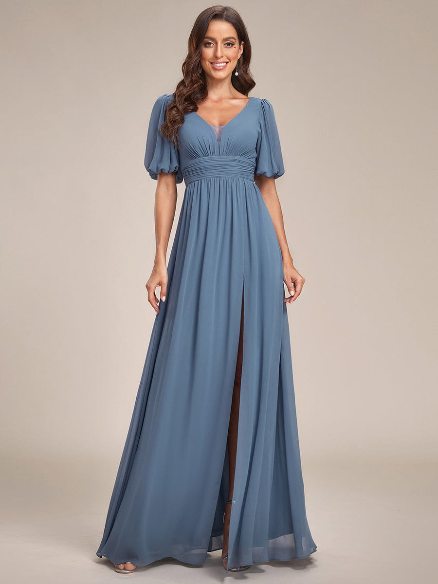 Short Sleeve V-Neck Front Slit Chiffon Evening Dress