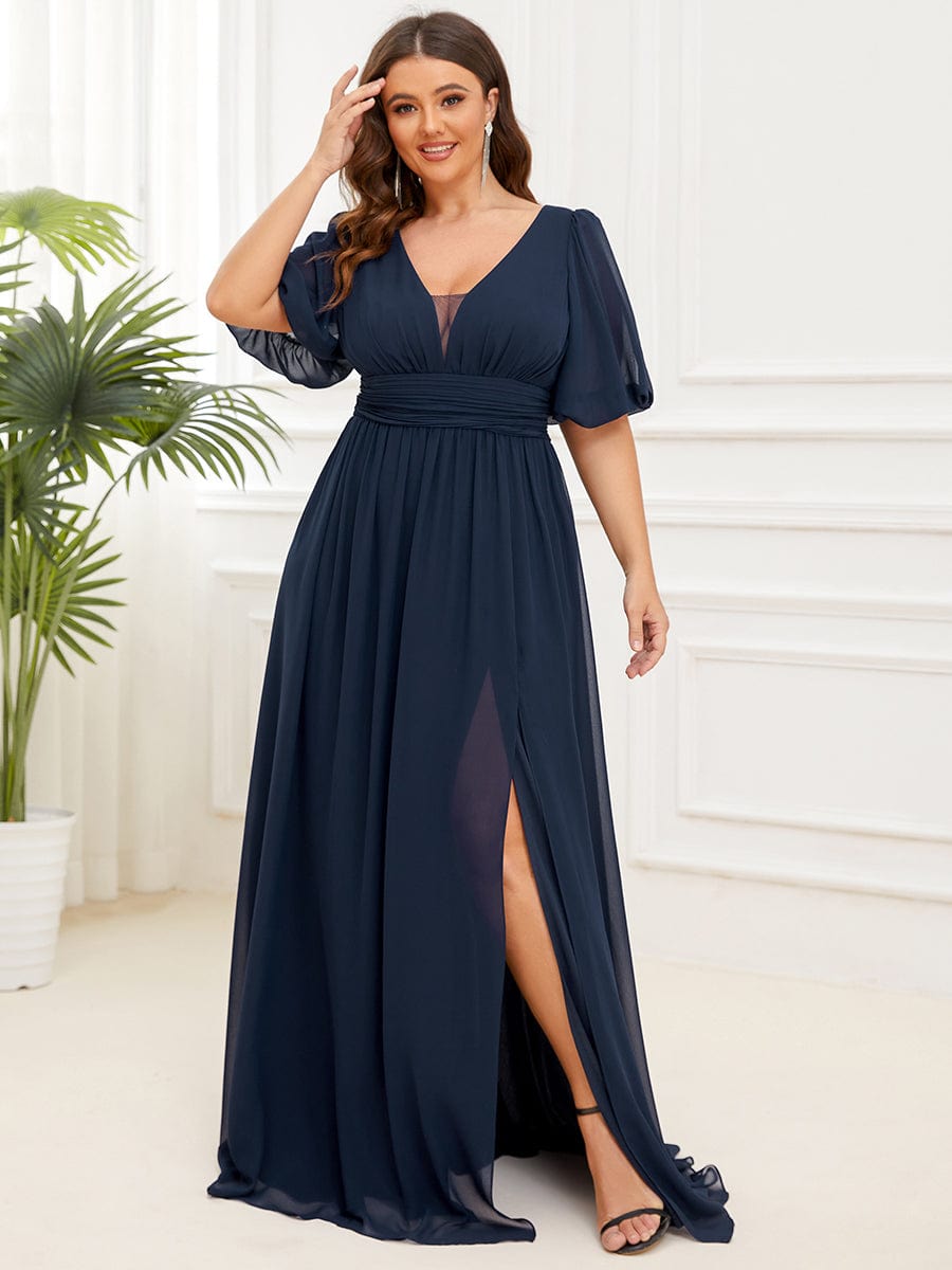 Short Sleeve V-Neck Front Slit Chiffon Evening Dress