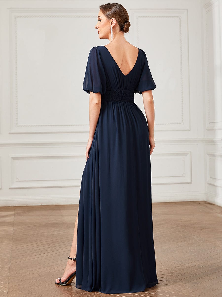 Short Sleeve V-Neck Front Slit Chiffon Evening Dress