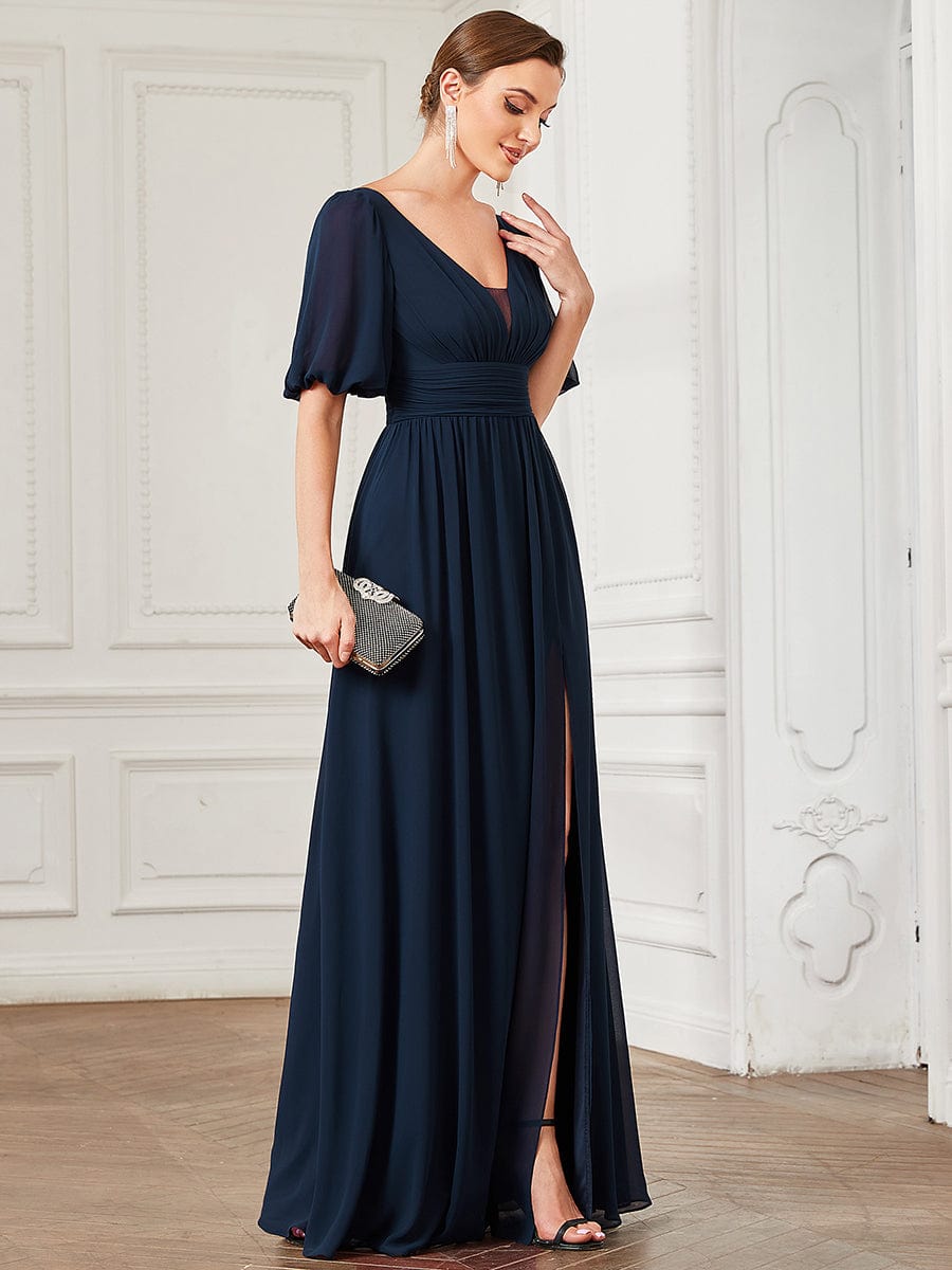 Short Sleeve V-Neck Front Slit Chiffon Evening Dress