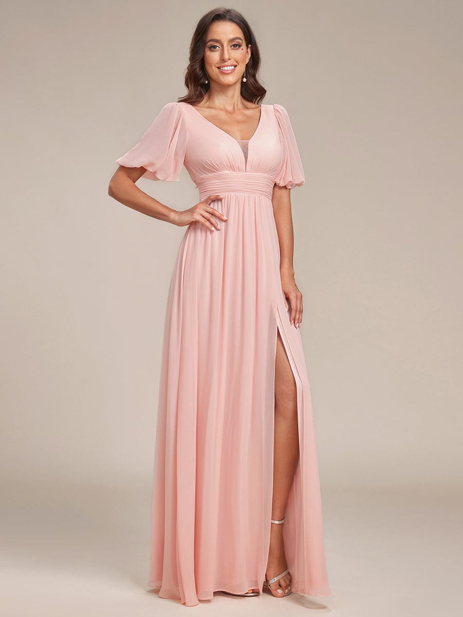 Short Sleeve V-Neck Front Slit Chiffon Evening Dress