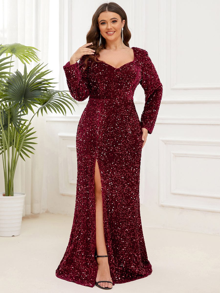 Sweetheart Long Sleeve Sequin Front Slit Bodycon Evening Dress