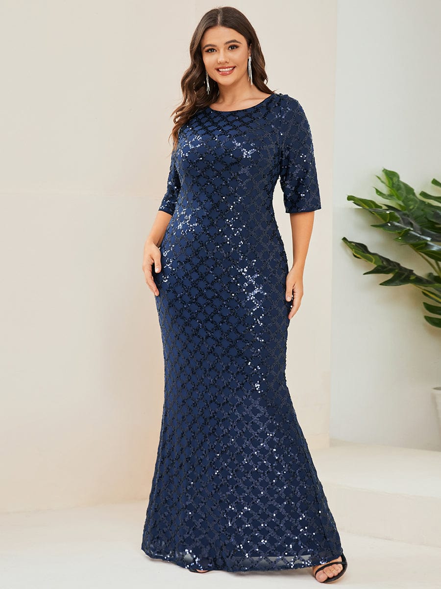 Plus Size Sequin Bodycon 3/4 Sleeve Evening Dress