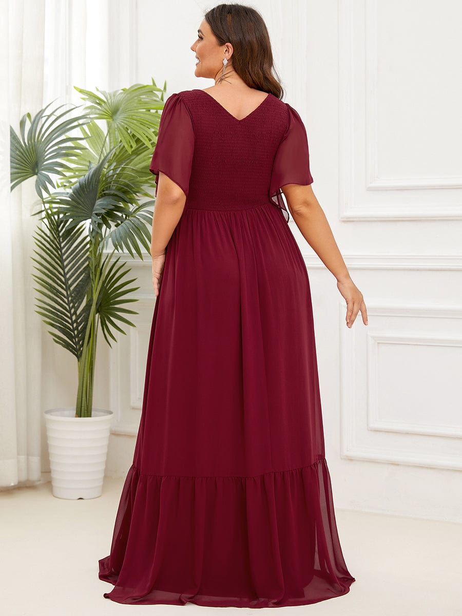 Short Sleeve V-Neck Shirred A-Line Evening Dress