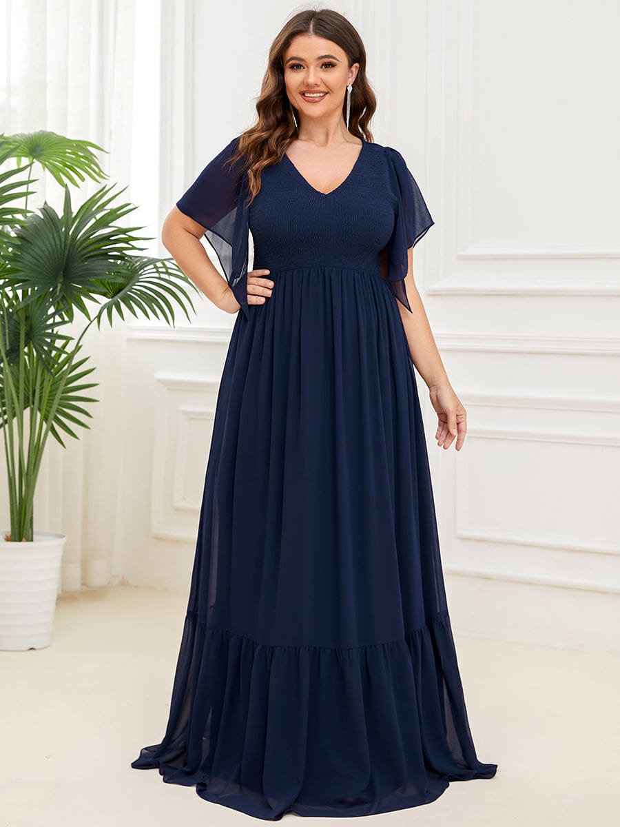 Plus Size Chiffon V-neck Ruffles Sleeve Evening Dress