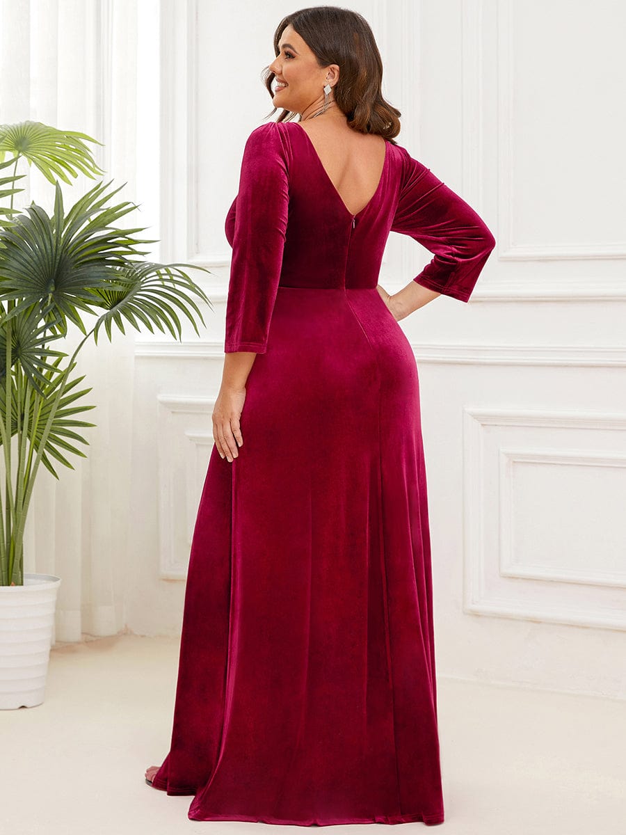 Plus Size Velvet Plunging V-Neck 3/4 Sleeve A-Line Evening Dress with Slit