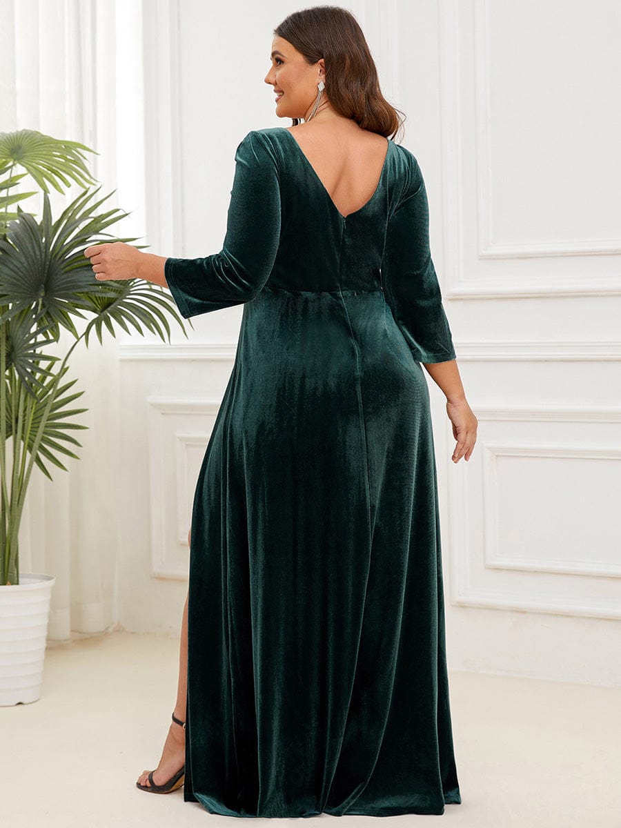 Velvet Plunging V-Neck Front Slit 3/4 Sleeve A-Line Evening Dress