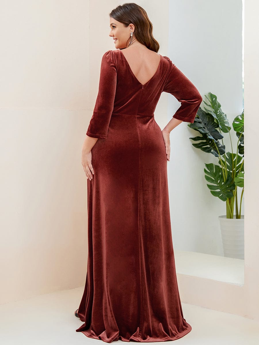 Velvet Plunging V-Neck Front Slit 3/4 Sleeve A-Line Evening Dress