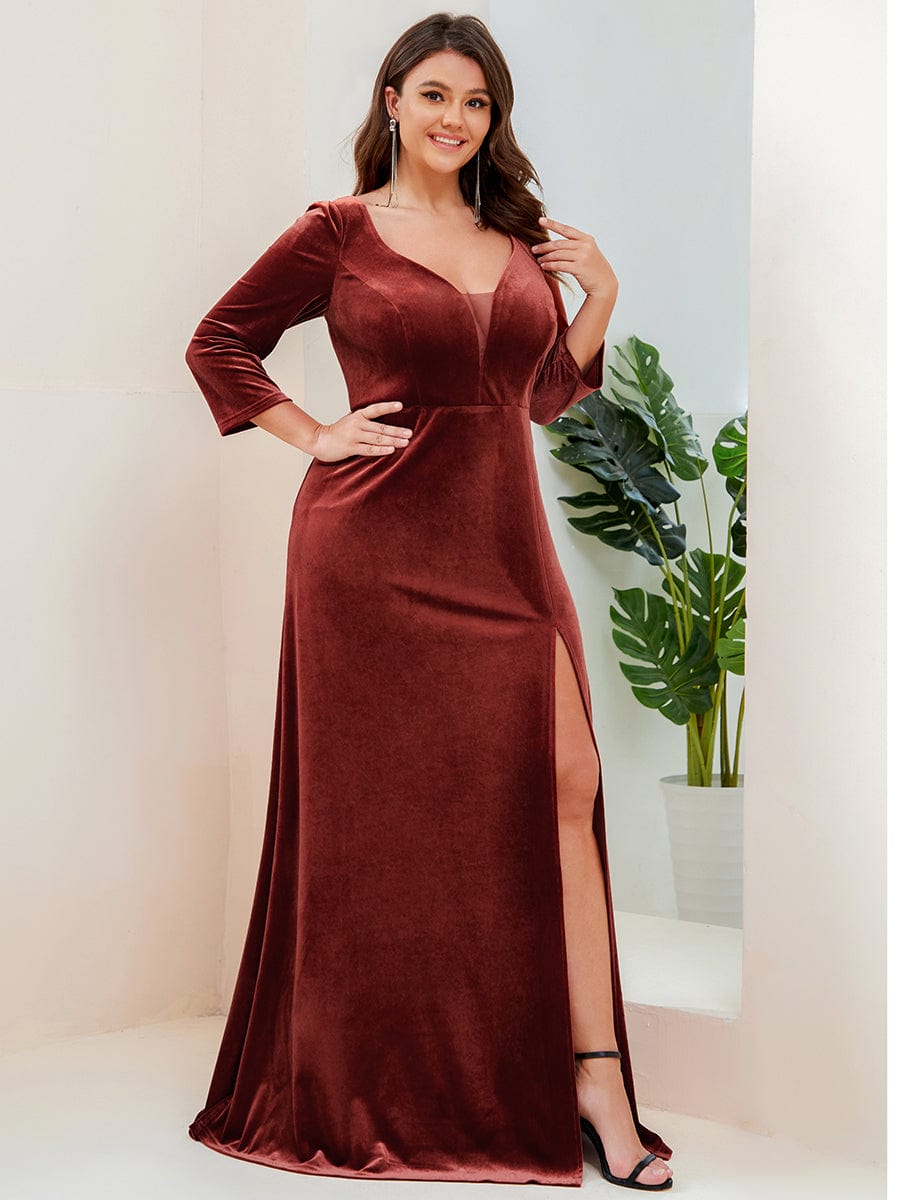 Plus Size Velvet Plunging V-Neck 3/4 Sleeve A-Line Evening Dress with Slit