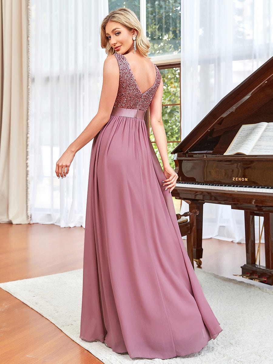 Sequins V-neck Low Back A-line Evening Dress