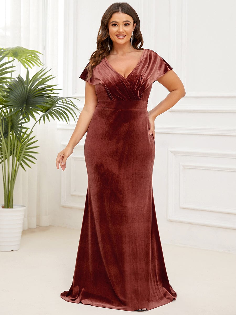 Plus Size Velvet Pleated V-Neck Cap Sleeve Column Floor-Length Evening Dress