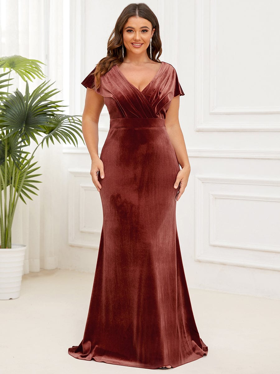 Velvet Pleated V-Neck Cap Sleeve Column Floor-Length Evening Dress