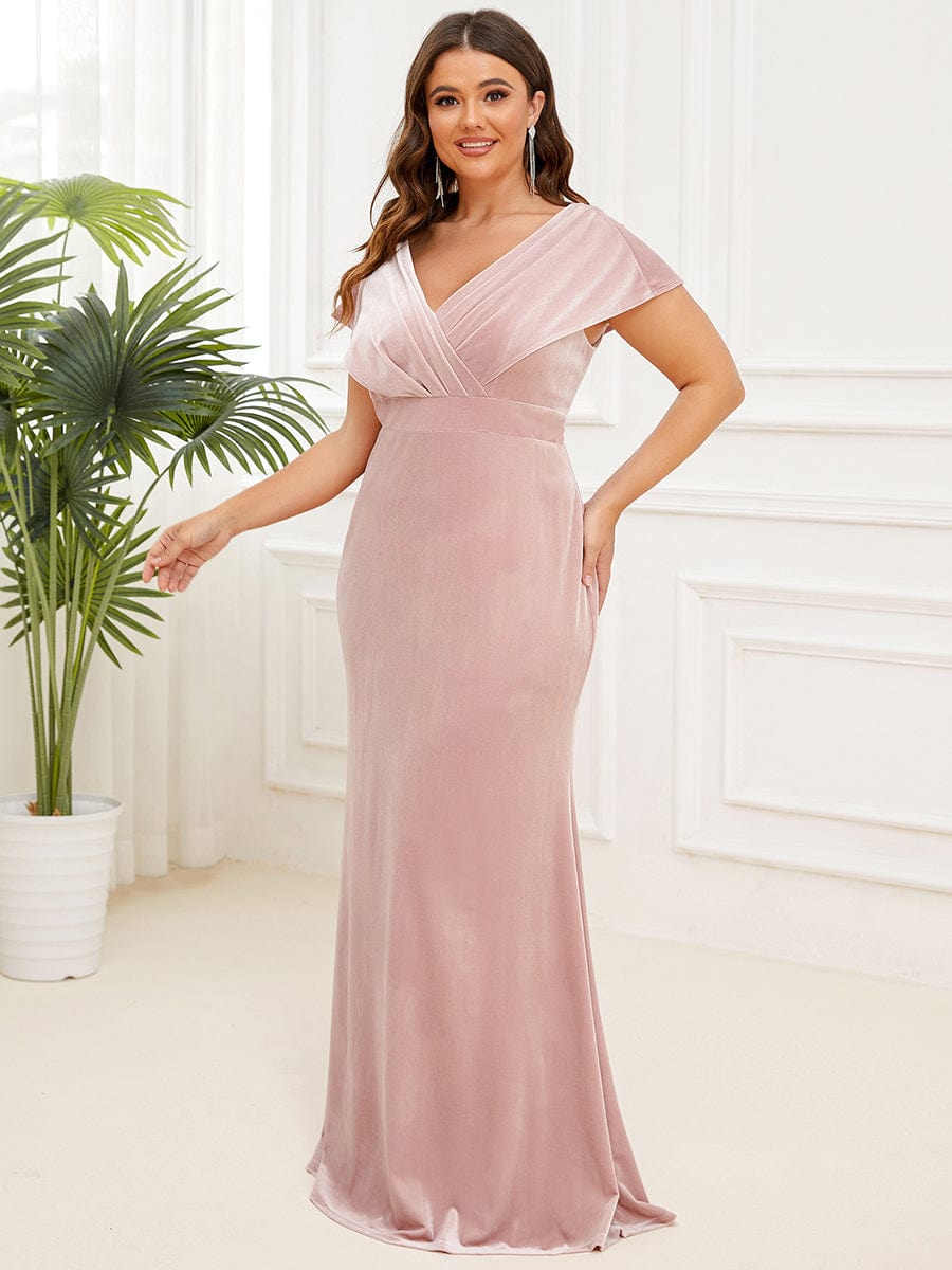 Plus Size Velvet Pleated V-Neck Cap Sleeve Column Floor-Length Evening Dress