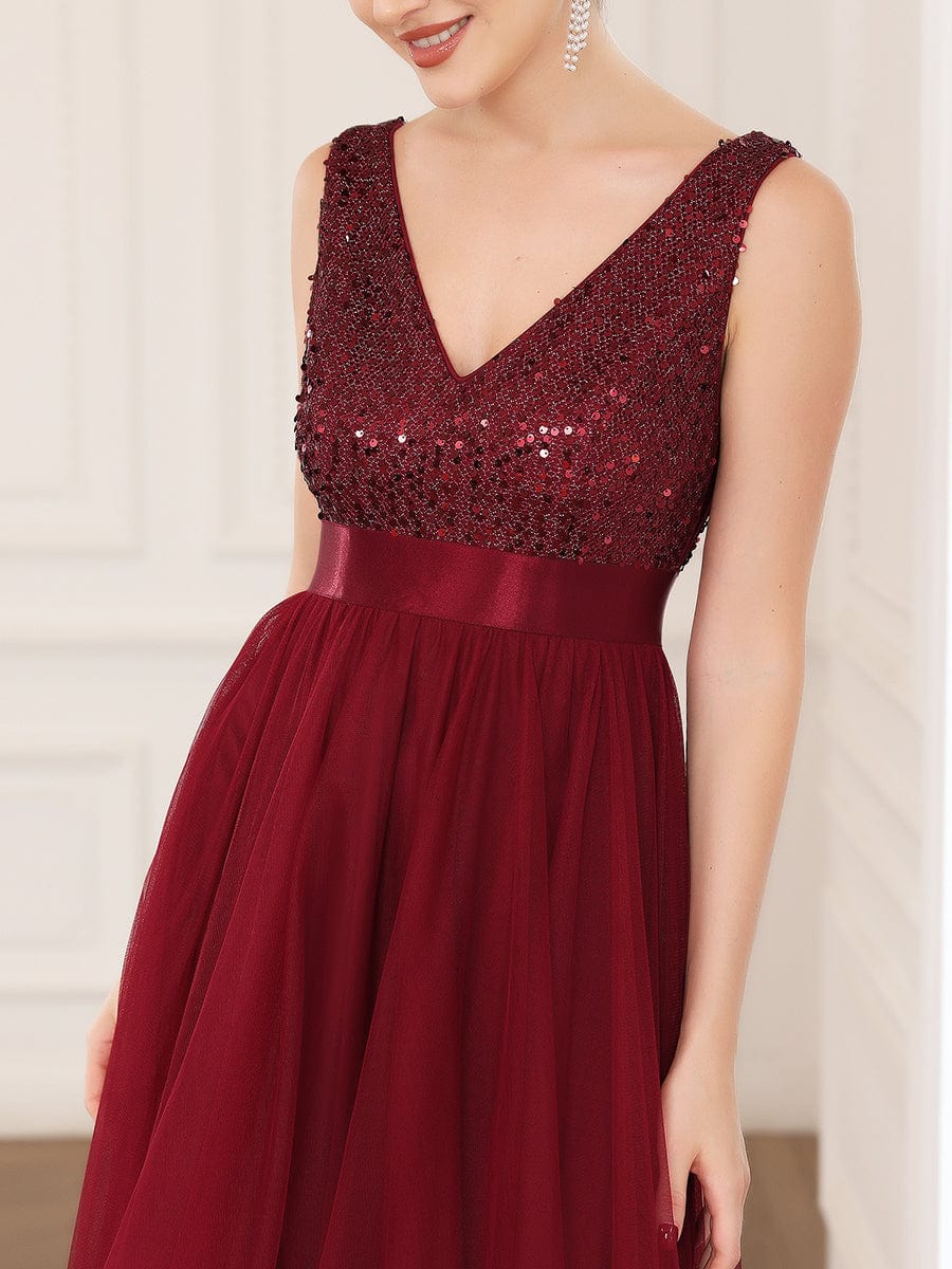 Sequin V-Neck Sleeveless High Low Evening Dress