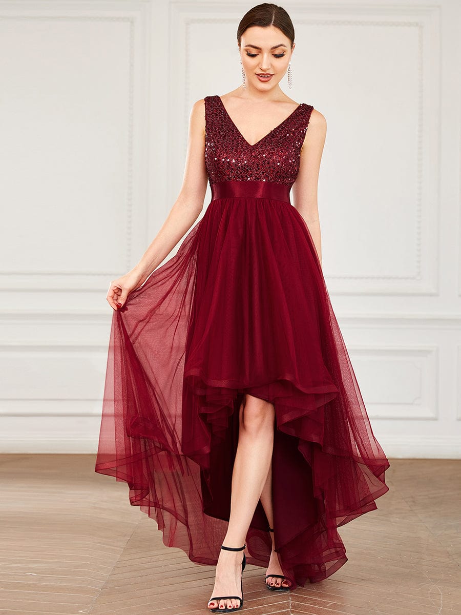 Sequin V-Neck Sleeveless High Low Evening Dress