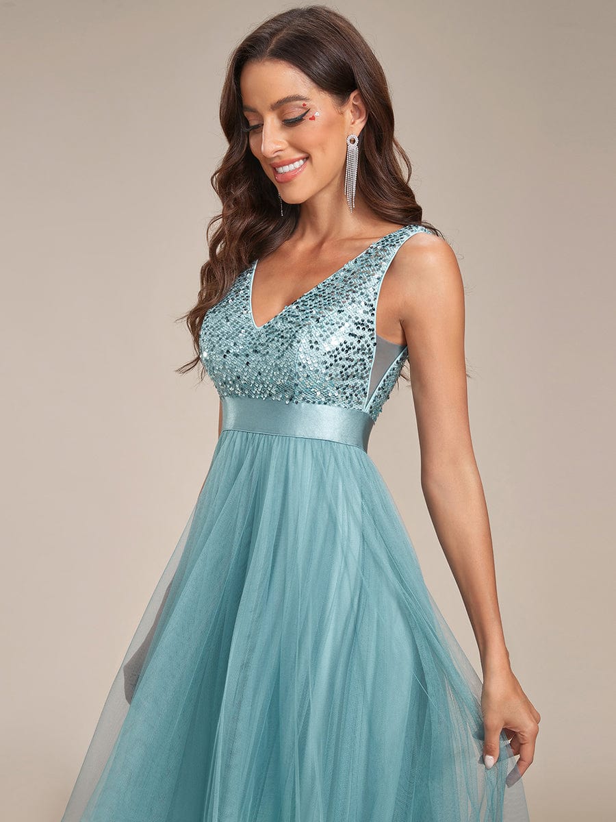 Sequin V-Neck Sleeveless High Low Evening Dress