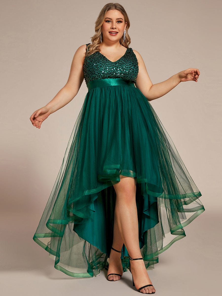 Plus Size Sequin V-Neck Sleeveless High Low Evening Dress