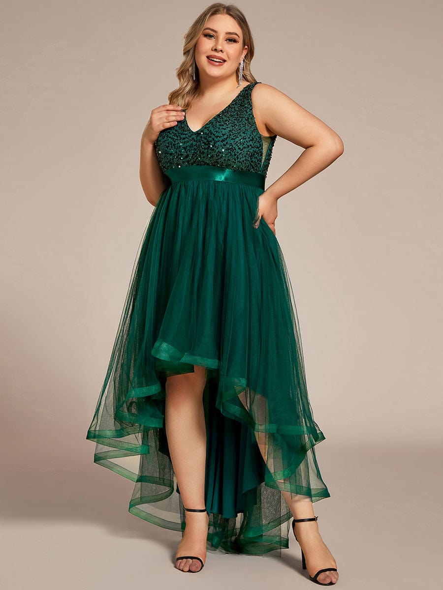 Plus Size Sequin V-Neck Sleeveless High Low Evening Dress