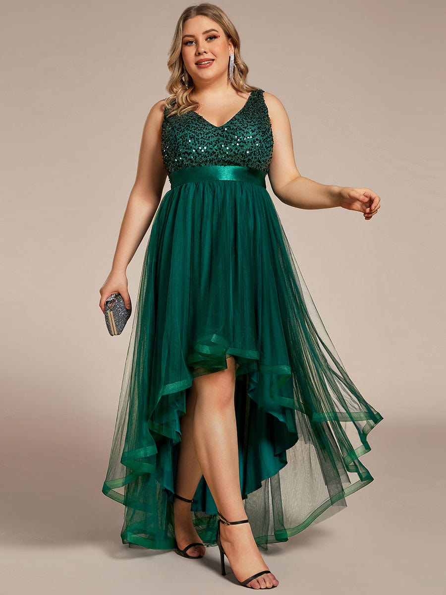 Plus Size Sequin V-Neck Sleeveless High Low Evening Dress