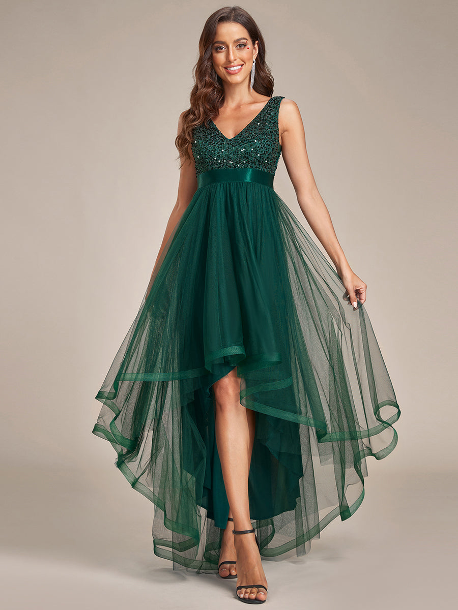 Sequin V-Neck Sleeveless High Low Evening Dress